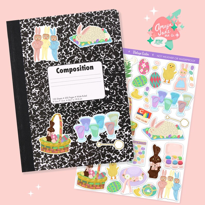 May include: A set of vintage Easter stickers featuring a variety of illustrations, including bunnies, chicks, eggs, and a basket of chocolate eggs. The stickers are printed on white paper and are perfect for adding a touch of whimsy to your Easter crafts.