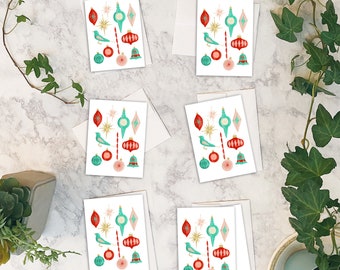 Tarjetas navideñas de mediados de siglo: Adornos brillantes, juego de 6