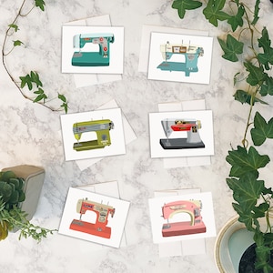 Vintage Sewing Machines Cards w/envelopes Set of 6 | Mid Mod Sewing | Mid Century Cards | MCM Greeting Cards | Thank you Cards | B-day Cards