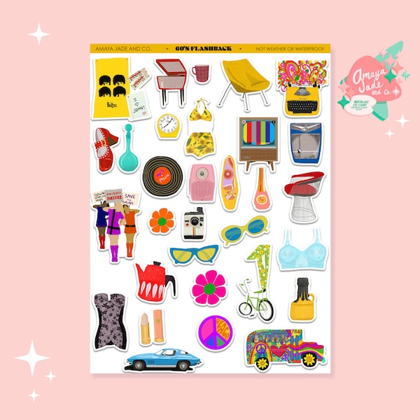 60's Stickers, 60's Fashion, 60's Party Decor, Birthday Gift for Mom, Just Because Gift for Her, Scrapbook Stickers, Nostalgic Stickers