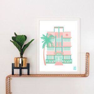 Art Deco Hotel Print | Miami Style | Art Deco Architecture | South Beach | Pink and Green Building | Art Deco Building | Tropical