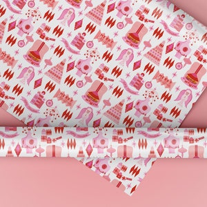 Mod Christmas Specialty Art Wrapping Paper One of a Kind, MCM, Christmas Wrap, Christmas Gift Paper, Pink, Red and Pink Christmas, Atomic