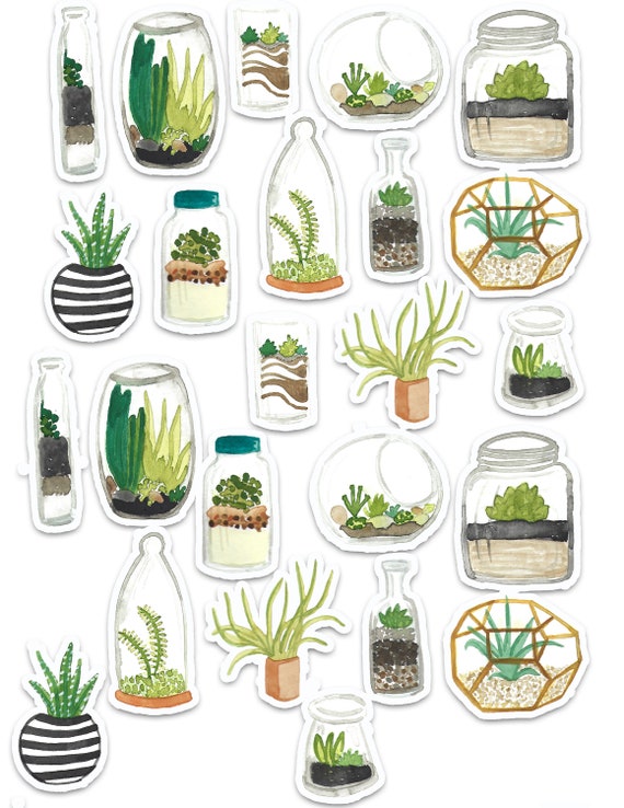 Terrariums Art Sticker Set | Plants | Planters | Succulents | Containers |  Potted Plants | Stickers | Garden | Plants in Jars