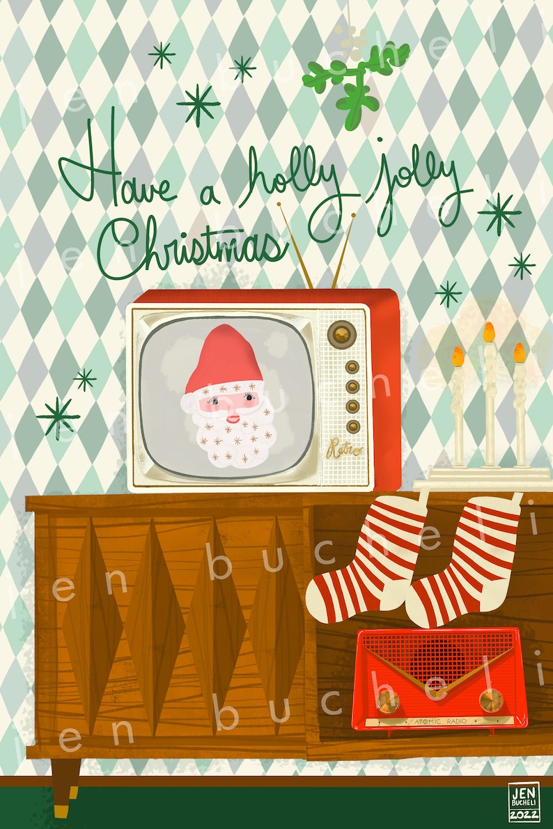 May include: A vintage-style illustration of a television set with Santa Claus on the screen. The television is on a wooden cabinet with a red radio and two striped stockings. The background is a green and white diamond pattern with the text "Have a holly jolly Christmas".