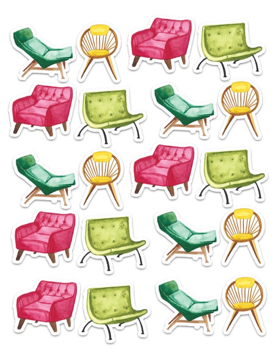 Mid Century Modern Colorful Chairs Sticker Set Labels - Etsy