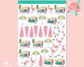 Retro Camper & Flamingo Christmas Stickers: 35-Piece Set