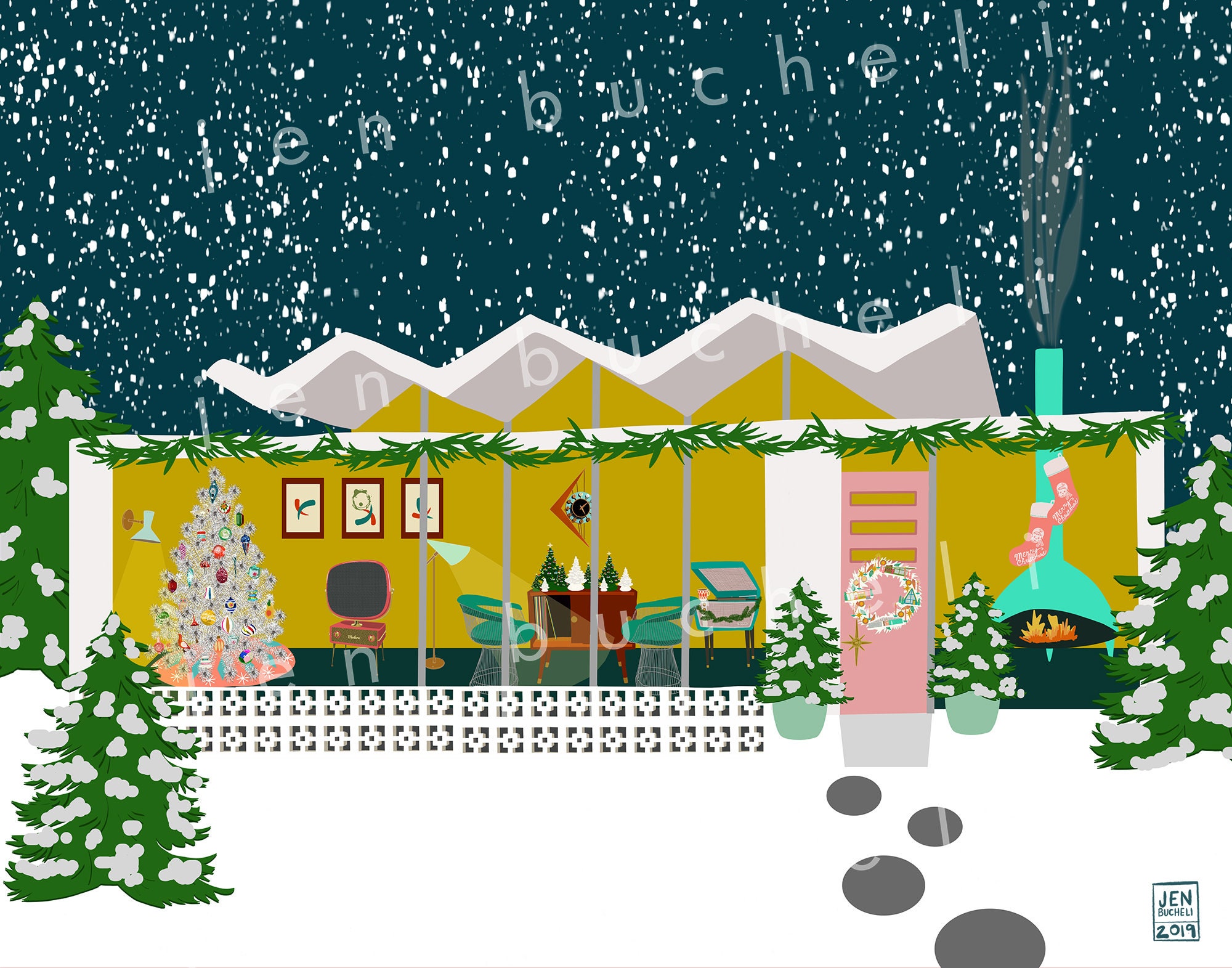 Mid Century Modern Christmas Party Art Print Vintage Style - Etsy