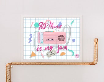 80's Music is my Jam Art Print | Retro | Eighties | Boom Box | 80's radio | Pink Boom Box | Radio | Music | 80's Art | Cassette Tape Art