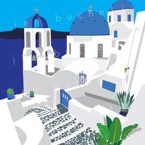 Puede incluir: Una ilustraci&oacute;n blanca y azul de un pueblo griego con un camino de piedra que conduce a una iglesia con c&uacute;pula azul. La iglesia tiene una cruz en la parte superior y un campanario. Hay edificios blancos a ambos lados del camino, y una planta verde en una maceta azul en primer plano.