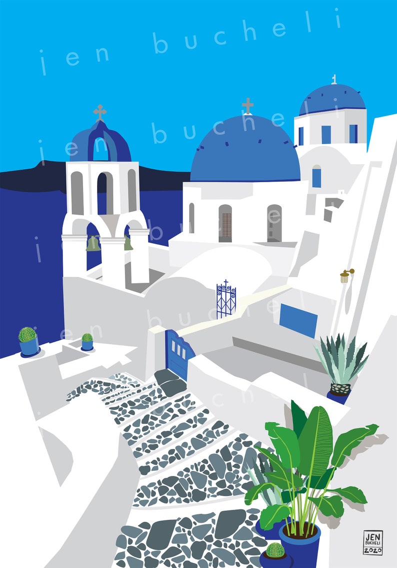Puede incluir: Una ilustraci&oacute;n blanca y azul de un pueblo griego con un camino de piedra que conduce a una iglesia con c&uacute;pula azul. La iglesia tiene una cruz en la parte superior y un campanario. Hay edificios blancos a ambos lados del camino, y una planta verde en una maceta azul en primer plano.