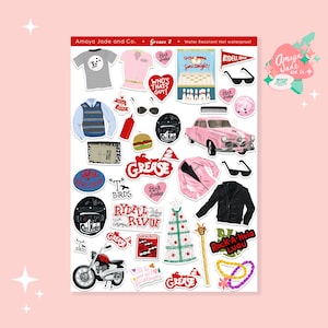 May include: A set of 24 Grease 2 themed stickers featuring characters, objects, and text from the movie. The stickers are water-resistant and include images of a pink car, a pink jacket, a Christmas tree, a motorcycle, and a hula girl.