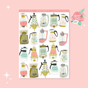 May include: A sheet of 18 vintage coffee pot stickers. The stickers feature a variety of styles and colors, including green, blue, pink, and yellow. The stickers are perfect for adding a retro touch to your kitchen or home decor.
