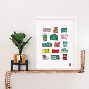 Vintage Radios Gouache Art Print: Mid-Century Modern Illustration