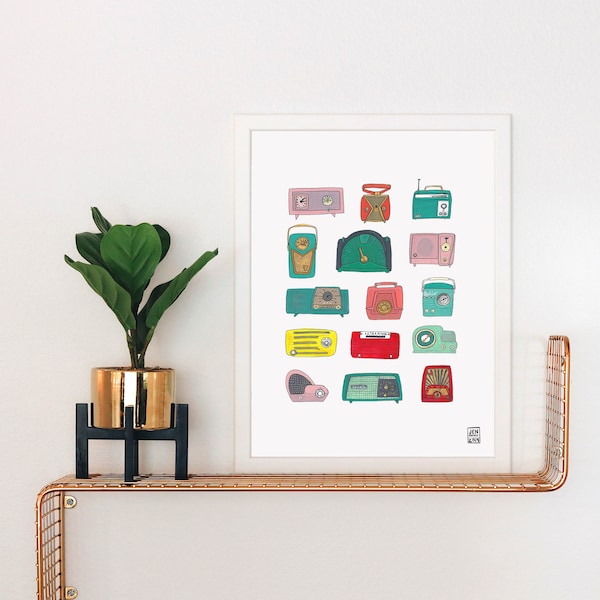 Vintage Radios Gouache Art Print: Mid-Century Modern Illustration