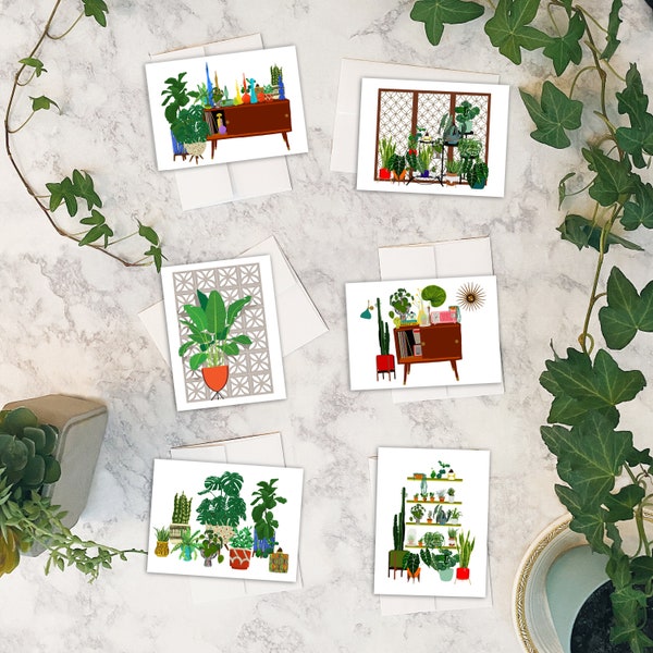 Mid Century Modern Plants Cards w/envelopes Set of 6 | Mod Plants Cards | Birthday Cards | Blank Cards | Stationary | Planters | Plant Cards
