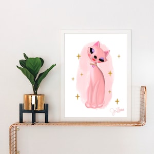 Vintage Pink Kitty Art Print: Mid-Century Modern Cat