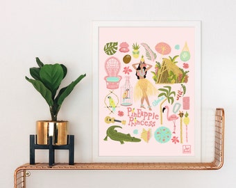 Lámina artística de la Princesa Piña: Cabaña Tiki, Chica Hula, Arte Tropical