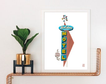 Mid Century Modern Motel Sign Art Print: Vintage Roadside Travel