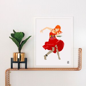 May include: A framed illustration of a woman in a red dress with a floral pattern, dancing with a bouquet of flowers in her hand. The illustration is on a white background.