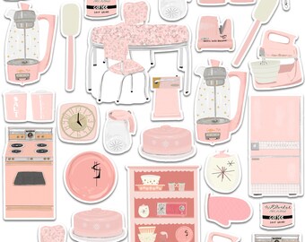 Vintage Pink Kitchen Items Art Sticker Set, Scrapbooking, Baking, Serving  Ware, Bowl, Pink Stove, Retro Kitchen, Cook, Pink Fridge