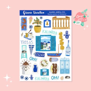 Greece Travel Stickers: Santorini Vacation Scrapbook - 35 Piece Sheet