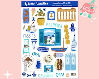 Greece Travel Stickers: Santorini Vacation Scrapbook - 35 Piece Sheet
