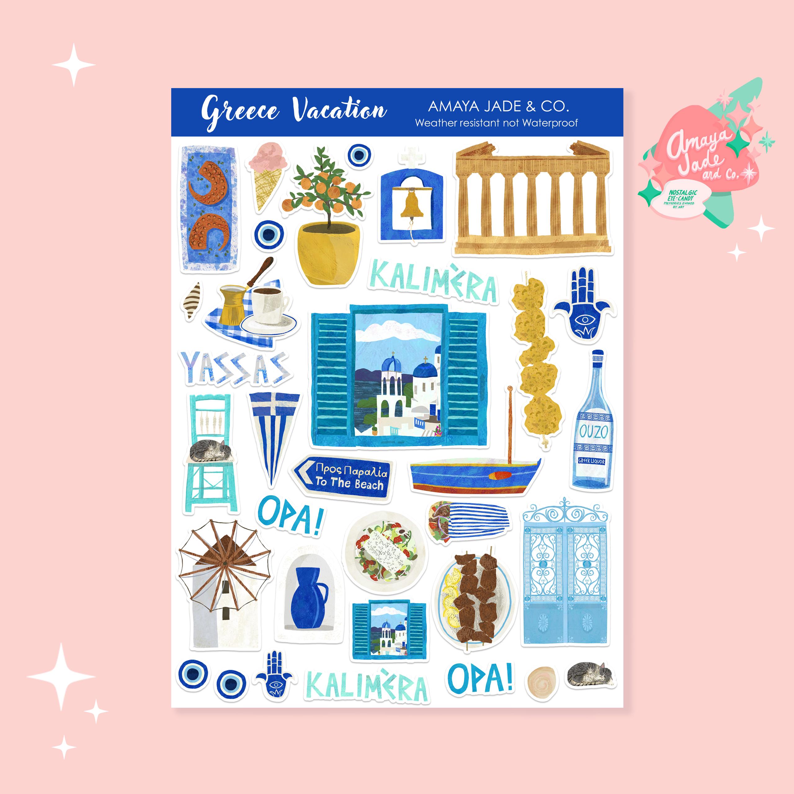 Greece Travel Stickers: Santorini Vacation Scrapbook - 35 Piece Sheet ...