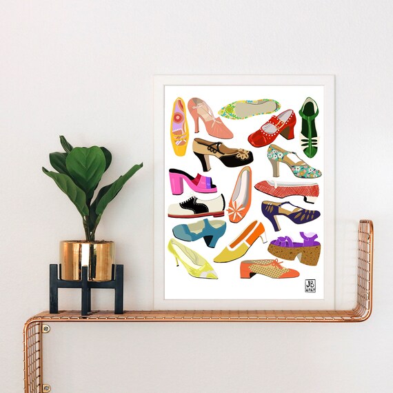 Vintage Shoe Collection Art Print: Mid-Century Modern Fashion