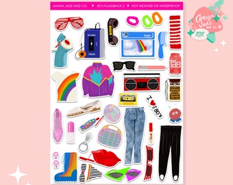 May include: A set of 80s themed stickers featuring a variety of colorful and nostalgic items, including a cassette tape, sunglasses, a boombox, a rainbow shirt, and a pair of jeans. The stickers are perfect for adding a touch of 80s flair to your planner, laptop, or water bottle.
