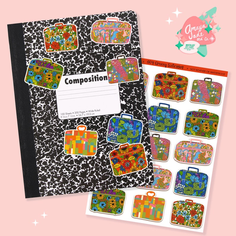 May include: A set of 60's groovy suitcase stickers. The stickers are colorful and feature a variety of floral and geometric patterns. The stickers are not weatherproof or waterproof. The stickers are packaged on a sheet with the text "60's Groovy Suitcases" and "Not Weather or Waterproof".