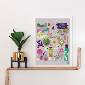 Tikiween Art Print: Halloween Flamingo, Pumpkin, Tiki Style