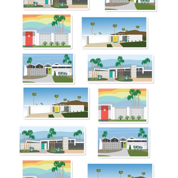 Mid Century Modern Houses Art Sticker Set | Mid Mod | MCM | Mid Century Architecture | Palm Springs Style | Zig Zag Roof | Breeze Block