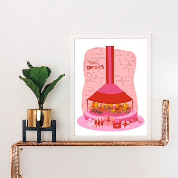 Mod Christmas Fireplace Art Print,  Pink and Red, Mid-Century Modern Christmas, Christmas Nostalgia, Mod Christmas, Retro Christmas, MCM