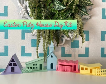 Mod Putz Easter Houses DIY Kit Set of 5 Pastel Colors | Glitter Houses | Putz Village | Mid Century Modern | Mod Easter | Easter Houses