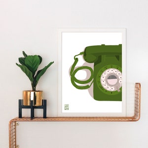 Retro Green Rotary Phone Art Print: Mid-Century Modern Decor
