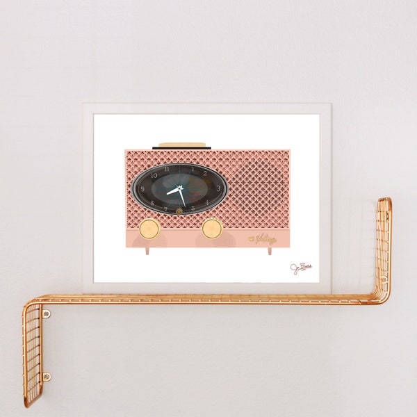 Vintage Pink Clock Radio Art Print: Mid-Century Modern Decor