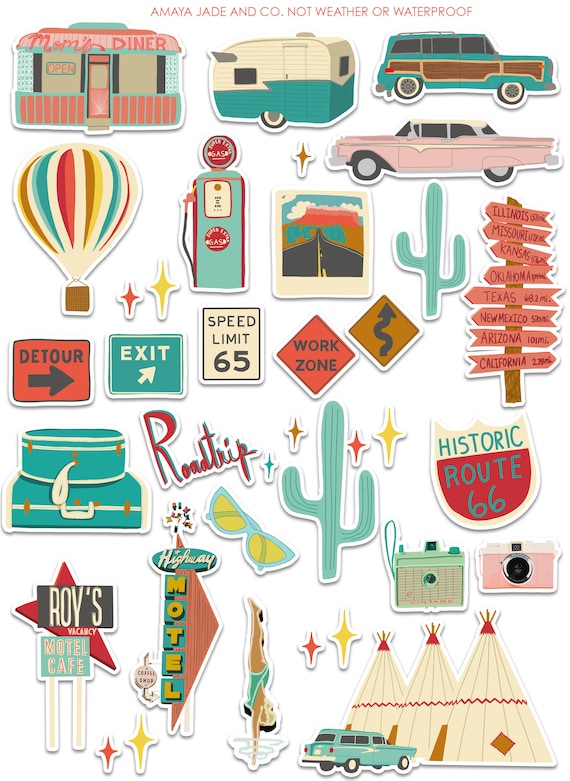 Vintage Road Trip Art Sticker Set | Stickers | Route 66 | Across America |  Roadside | Travel | Vacation | Vintage Sign | On the Road | Diner
