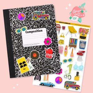 May include: A black and white composition notebook with a variety of colorful stickers, including a school bus, a peace sign, a record, a flower, and a teapot. The notebook is 9 3/8 x 7 1/2 inches and has 200 pages.