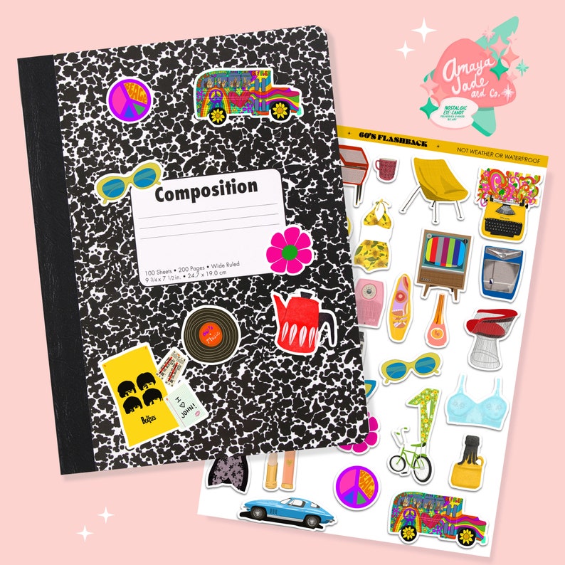 May include: A black and white composition notebook with a variety of colorful stickers, including a school bus, a peace sign, a record, a flower, and a teapot. The notebook is 9 3/8 x 7 1/2 inches and has 200 pages.