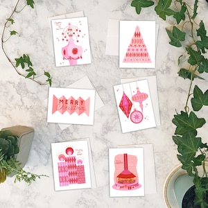Mid-Century Modern Christmas Cards: Atomic Holiday Nostalgia, Pink & Red (Set of 6)