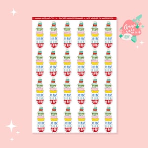 May include: A sheet of 20 colorful stickers featuring stacks of vintage bowls in various colors and patterns. The stickers are white with a black outline. The text "Amaya Jade and Co. + Stacked Vintage Dishware + Not Weather or Waterproof" is at the top of the sheet.