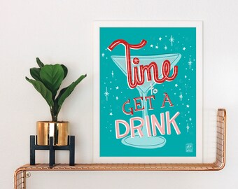 Time to Get a Drink Art Print | Vintage Christmas | Nostalgia | Cocktails | Vintage Style | Retro | Mid Century Modern | Vintage Bar | Mod
