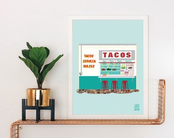 Taco Shop Art Print: Mexican Food Stall Illustration