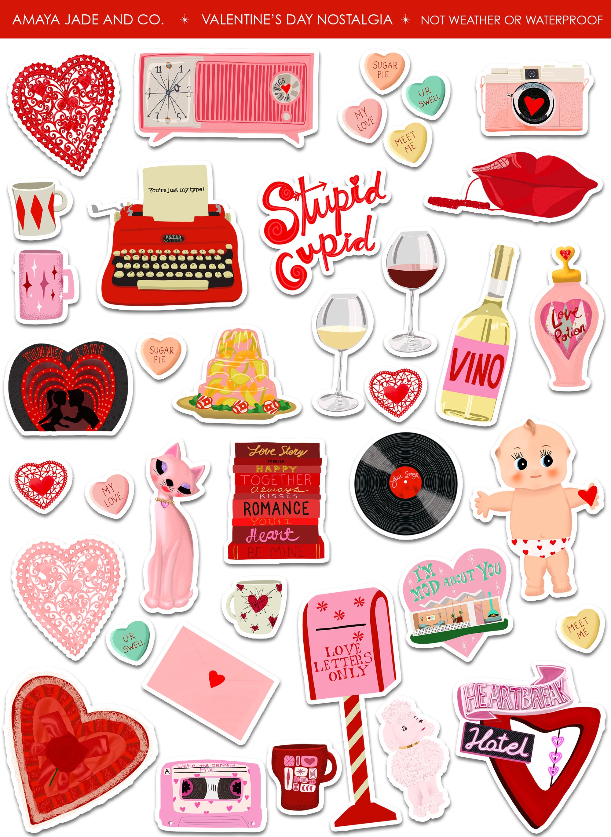 Retro Valentines Day Stickers Bundle, Retro Valentines Stick