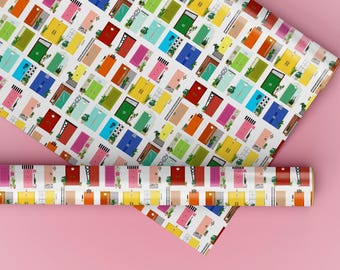 Papel de regalo especial con diseño de puertas arcoíris de Mod: MCM Christmas Wrap