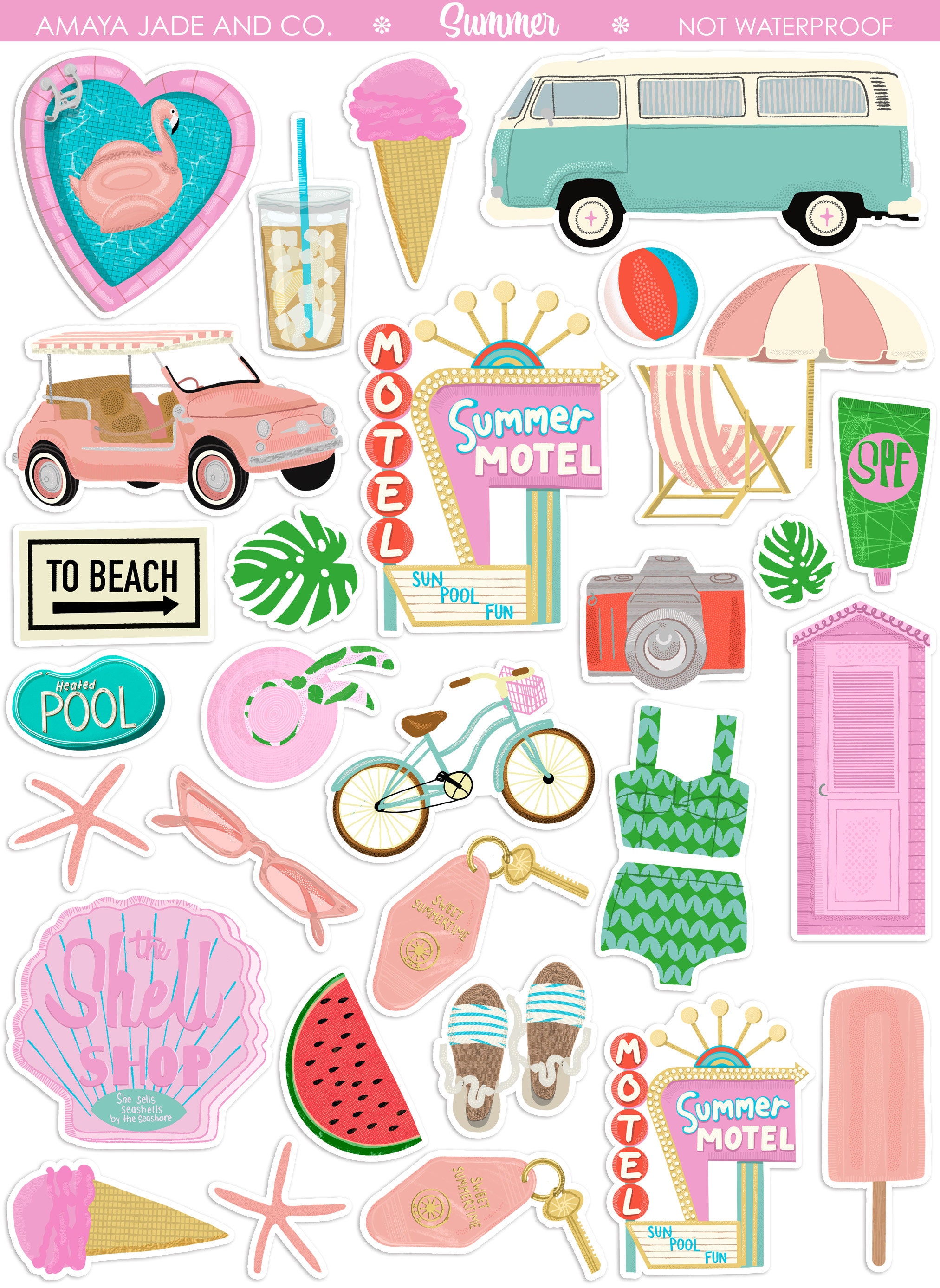 Summer Scrapbook Stickers - Beach Scrapbooking Stickers with Pool, Palm  Tree, Sunglasses, Ice Cream, Starfish | Vacation Stickers for Planner