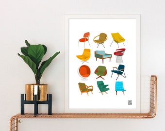 Colorful Mid Century Modern Chairs Art Print | Mid Mod | Palm Springs Style | Vintage Chairs | Design | Designer | Chair Art | Chair Print