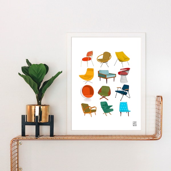 Colorful Mid Century Modern Chairs Art Print | Mid Mod | Palm Springs Style | Vintage Chairs | Design | Designer | Chair Art | Chair Print