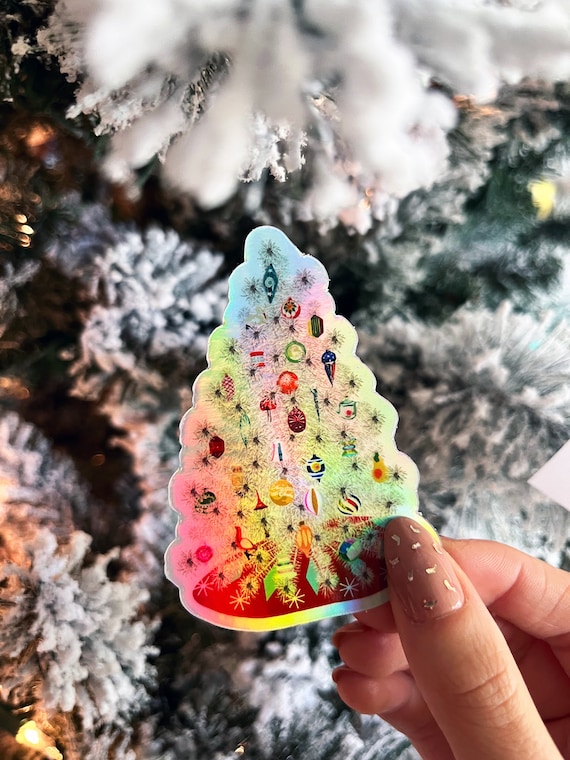 Vintage Aluminum Christmas Tree with Glass Ornaments Vinyl Holographic  Sticker | Vinyl Sticker | Christmas Sticker | Waterproof