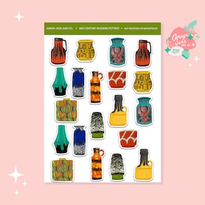 May include: A sheet of 18 vintage mid-century modern pottery stickers. The stickers feature various designs in shades of orange, green, blue, red, and yellow. The stickers are perfect for adding a retro touch to planners, laptops, water bottles, and more.